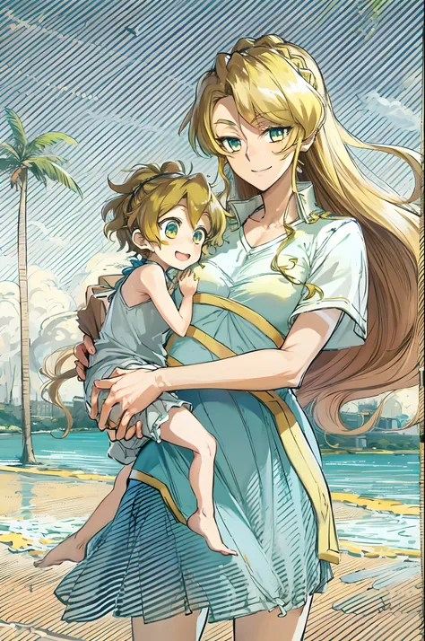 masterpiece, best quality, 1girl, alicetaria,blonde hair, l, mother and son , mom and shota, long hair, ponytail, blue eyes, blu...