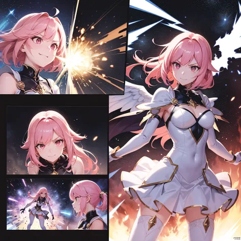 (comic_layout:1.3), (fighting stance:1.2), magical girl, multiple girls, (battle, damaged), face focus, perfect detailed eyes, (sparkle, explosion:1.2), (reflection burst fire), multiple views, growing detailed eyes, angelic eyes, medium hair, brilliant wh...