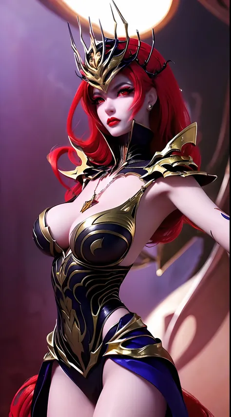 1 beautiful and sexy 20 year old girl, ((wearing traditional Hanfu armor with main colors purple and red:1)), not wearing pants, sexy hanfu style, ((long red hair:1.7)), jewelry elaborately made from precious stones and beautiful hair, ((wearing a 24k gold...