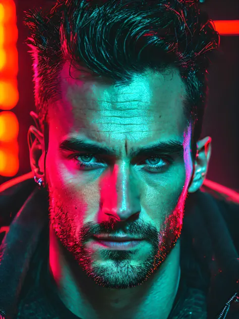 macro crisp quality, close up portraint, of cyberpunk brutal man, in cyberpunk neon room, rough skin, look at a camera, glowing eyes, age 40, cinematic, dimmed colors, dark shot, muted colors, film grainy, lut, spooky