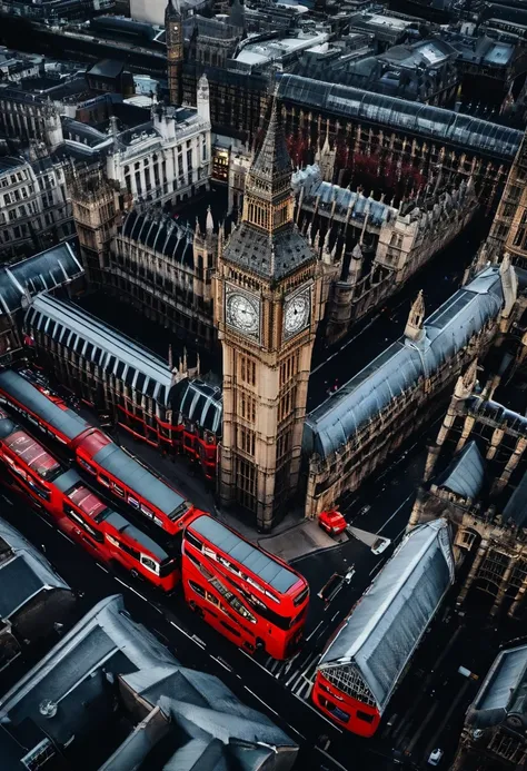 Aerial photograph of the Houses of the United Kingdom,Big Ben, London, the street，There are red double-decker buses on the streets，Pedestrians and cars，Rich in detail，photo realistic style:Photogram