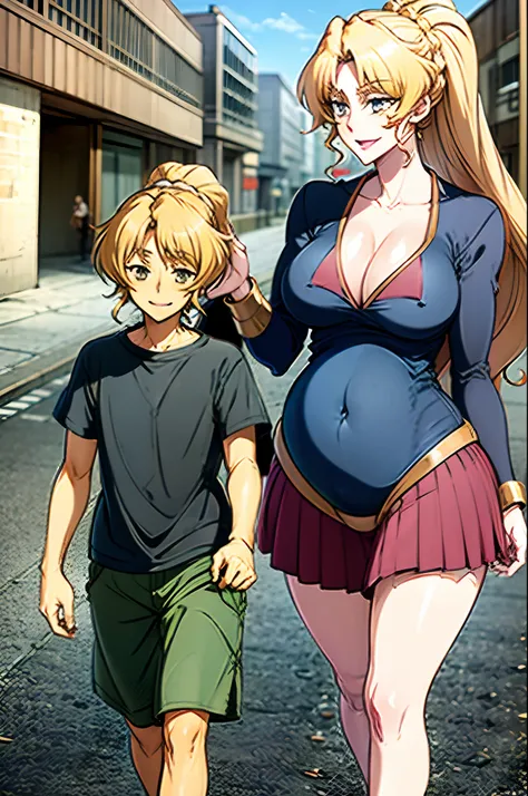 masterpiece, best quality, 1girl, alicetaria,blonde hair, l, mother and son , mom and shota, long hair, ponytail, blue eyes, blue shirt, pleated skirt, solo, simple background, bikini, beach, , alicetaria and son, motherly, walking, family, mother and chil...