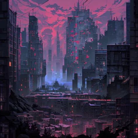 pixel art，(gray-black purple，color scheme:1.4)in a post-apocalyptic metropolis, the remains of a huge city lie in ruins, similar...