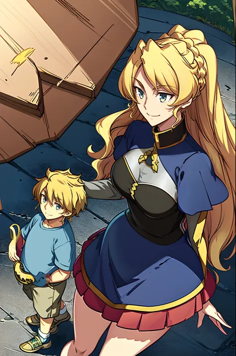 masterpiece, best quality, 1girl, alicetaria,blonde hair, l, mother and son , mom and shota, long hair, ponytail, blue eyes, blu...