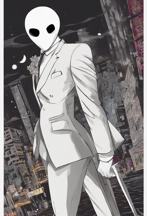 Headless,no head,2d image,cartoon,comedy mask,historical mask,fedora hat,long suit,suit,black suit,white gloves,gloves, stick in right hand,night street,mysterious woman,woman with no head,fantasy,mystical headless.