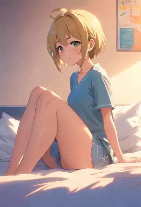 1female，sit on a bed，Full breasts，Large exposure，，The thighs are long and white，ass big，Yellow hair，Make it big with your hands，Mouth open，smug expression，Facing me，Clothing does not cover the body