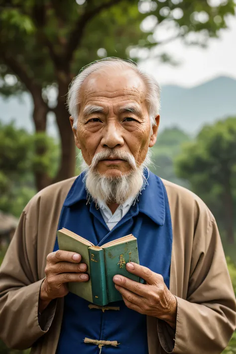 An old man with traditional Chinese thinking，Real frontal photos，Authentic background，The background is nature，Holding a book，worn-out clothing，Face full of wrinkles，80-year-old man，Wise eyes，The beard is white，male people，country style