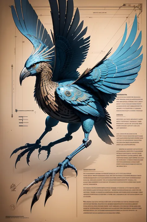 ultra high detailed, 8K, stain, aged blueprint of mechanical bird, by da Vinci, Homo Vitruvianus, schematic diagram