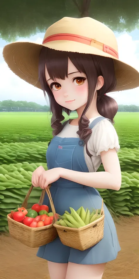 1 adorable girl in anime style with farm hat posting with the fresh vegetables and fruits, local farm behinds