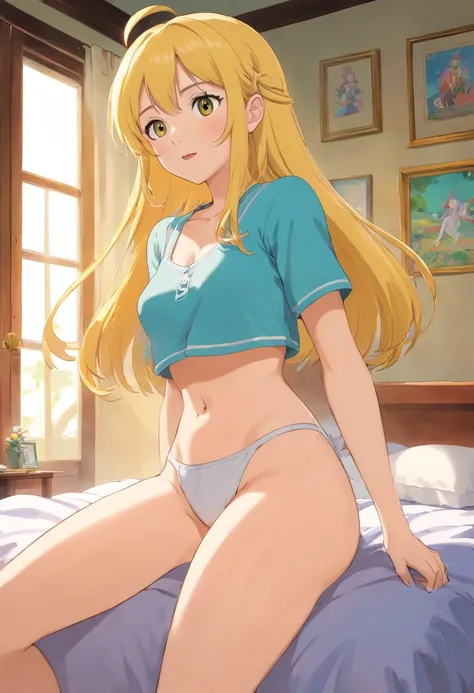 1female，sit on a bed，Full breasts，Large exposure，，The thighs are long and white，ass big，Yellow hair，Make it big with your hands，Mouth open，smug expression，Facing me，I didnt wear any clothes or pants， art