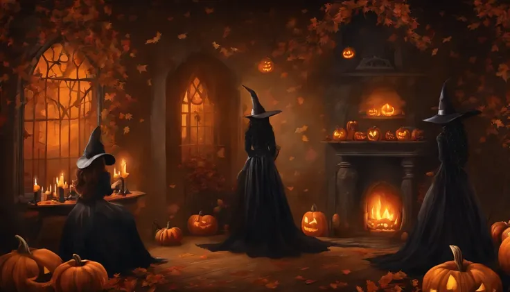 Design of Halloween Witches and ghosts inside a dark house. Estilo de pintura arte de pared. Dark Gothic style. autumn season.