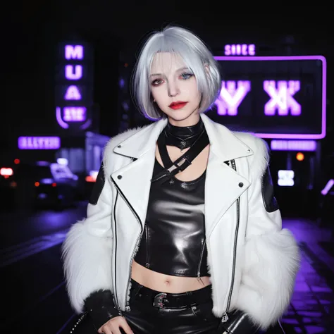 Asymmetric Bob,silber hair,Hair over one eye,smil,white  hair,fluffy hair,leather jackets,boyish,European,neuter,Close one eye,Black leather pants,Neon Billboard,Dark place,Prince,club