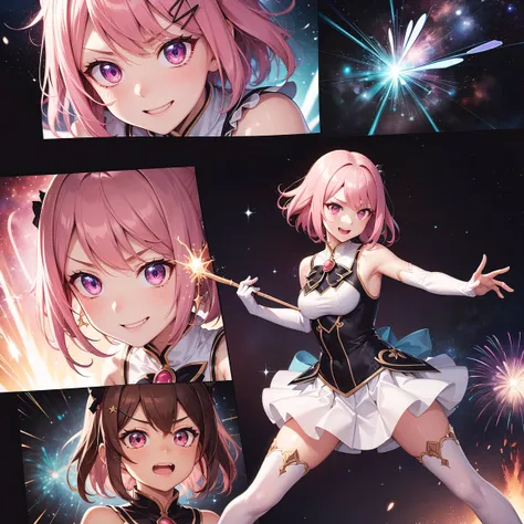 (comic_layout:1.3), (fighting stance:1.2), magical girl, multiple girls, (red theme), ((face focus)), perfect detailed eyes, (sparkle, explosion:1.2), (reflection burst fire), multiple views, growing detailed eyes, kawaii angelic eyes, medium hair, brillia...