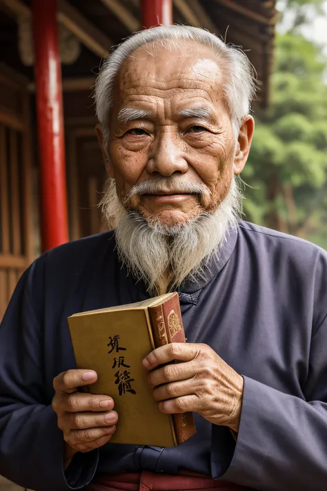 An old man with traditional Chinese thinking，Real frontal photos，Authentic background，The background is nature，Holding a book，worn-out clothing，Face full of wrinkles，80-year-old man，Wise eyes，The beard is white，male people，country style