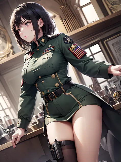 ((Finest quality)),(超A high resolution),(ultra-detailliert),(Meticulous portrayal),((Best CG)),(Finest works of art),Ultra-Precision Art,The art of astounding depiction, (Female Military Personnel:1.5),(A dark-haired,short-cut),Tight military uniform,tight...