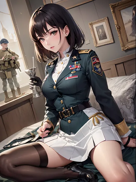 ((Finest quality)),(超A high resolution),(ultra-detailliert),(Meticulous portrayal),((Best CG)),(Finest works of art),Ultra-Precision Art,The art of astounding depiction, (Female Military Personnel:1.5),(A dark-haired,short-cut),Tight military uniform,tight...