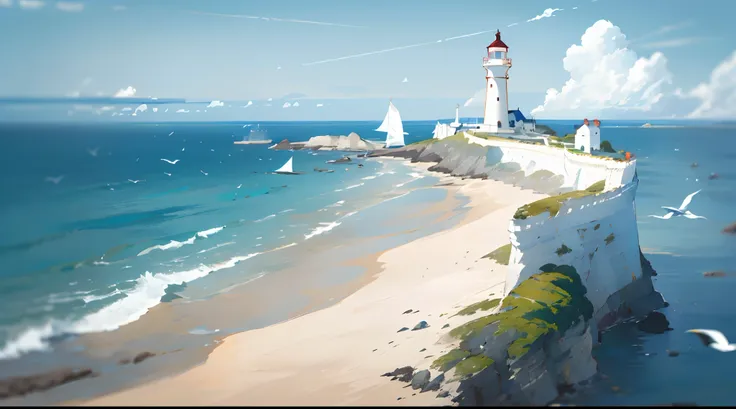 (​masterpiece、top-quality:1.1)、wide angles、frombelow、(White cliff)、mont、Blue Sea、Dry tide、ocean waves、Rocky beaches、contrail、seagulls、Horizon、breezing、夏天、morning、Sunnyday、​​clouds、Calm、fresh air、sailboat、lighthouse、depth of fields