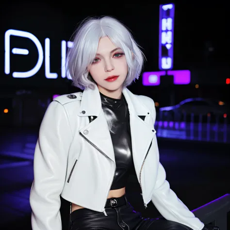 Asymmetric Bob,silber hair,Hair over one eye,smil,white  hair,fluffy hair,leather jackets,boyish,European,neuter,Close one eye,Black leather pants,Neon Billboard,Dark place,Prince,club