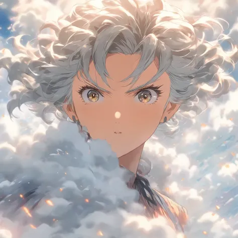 perfect anime illustration，Extreme closeup portrait of beautiful gray-haired woman walking in sea of clouds