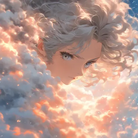 perfect anime illustration，Extreme closeup portrait of beautiful gray-haired woman walking in sea of clouds