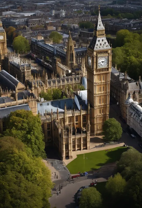 Aerial photograph of a house in the UK,Big Ben, london, Rich in detail，photo realistic style:Photogram