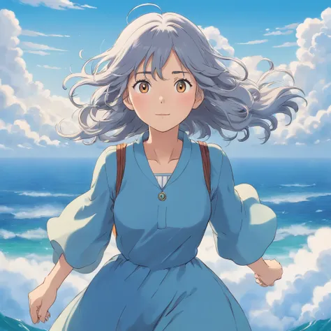 perfect anime illustration，Extreme closeup portrait of beautiful gray-haired woman walking in sea of clouds