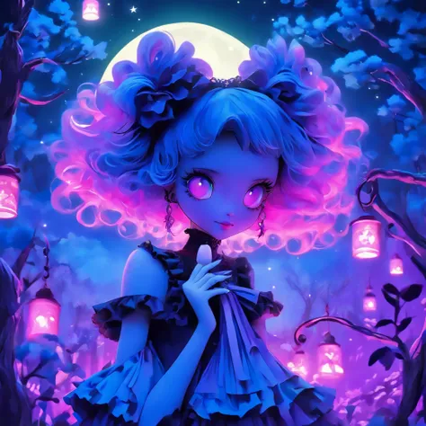 In a moonlit night, a blue-haired gothic lolita casting glowing purple spells. Her eyes, detailed and captivating, filled with determination and a touch of mischief. Her lips, beautifully detailed, curled into an enchanting smile. The intricate lace and ru...