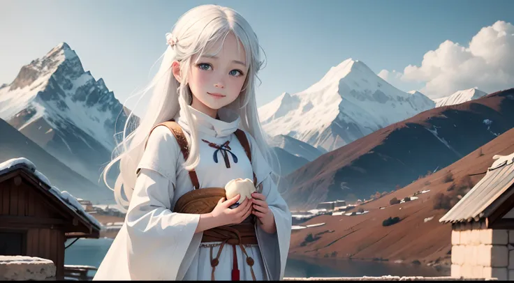 In the background are mountains, a beautiful girl name is May, 8-year-old girl with blue eyes, long white hair, wearing a white tunic, On the waist there is a small bag, Holding a dumpling and Smiling