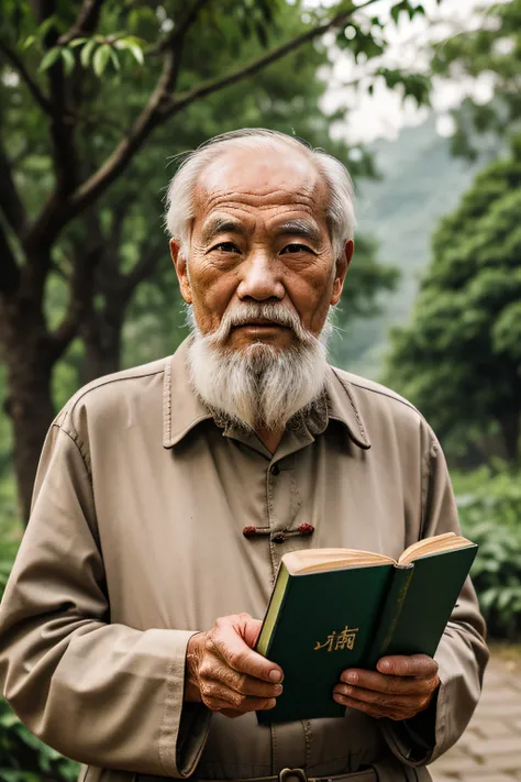 An old man with traditional Chinese thinking，Real frontal photos，Authentic background，The background is nature，Holding a book，worn-out clothing，Face full of wrinkles，80-year-old man，Wise eyes，The beard is white，male people，country style