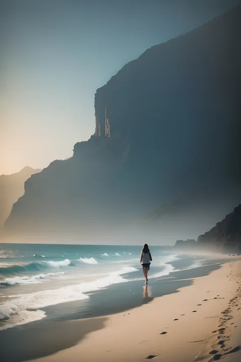 a deserted beach, misty, afternoon, a woman walking from a distance, alone,