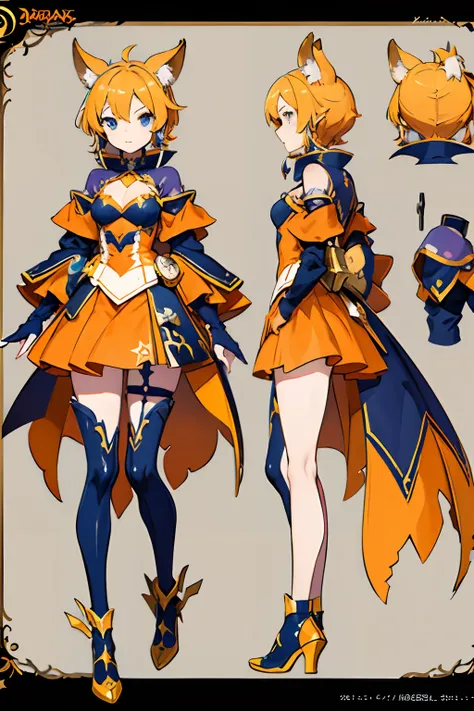 A close-up of a person in a singing costume，Kangaroo Lady，Beast Girl，Blue-orange color scheme，Cyan dominant color（（concept art of character）），((CharacterDesignSheet、Same role、frontage、Lateral face、on  back))Character art for Maple Story，video game characte...