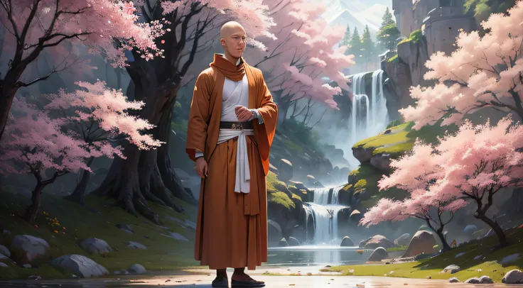 A monk watching to camera, ( full body, in his hand a brush a painting ), beautifully background, blossomed trees mounted, ( art type - Nejji 5 )