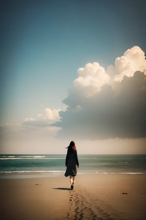 a deserted Long Beach, a woman walking from a distance, alone, horizon without any mountains, misty, afternoon, melancholic