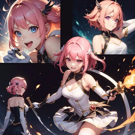 (comic_layout:1.3), (fighting stance:1.2), magical girl, (holding sword), multiple views, ((face focus)), perfect detailed eyes, (explosion:1.2), (reflection burst fire), growing detailed eyes, kawaii angelic eyes, medium hair, brilliant white medium dress...