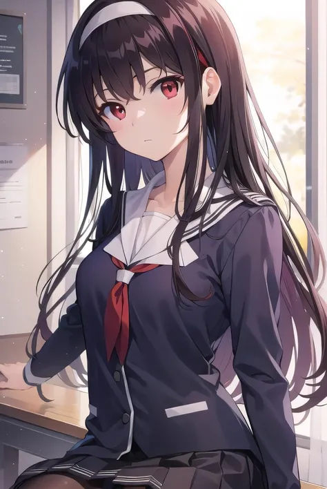 kasumigaokautaha, utaha kasumigaoka, black hair, hairband, long hair, (red eyes:1.5), 
BREAK long sleeves, school uniform, skirt, pantyhose,
BREAK looking at viewer,
BREAK indoors, classroom,
BREAK (masterpiece:1.2), best quality, high resolution, unity 8k...