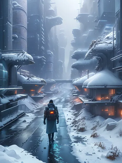 Snowy city，Skyscrapers，People walk on snowy roads, ice city in 2 0 8 0, apocalyptic future city, Photo of futuristic cityscape, futuristic dystopian city, Futuristic city landscape, futuristic urban background, Futuristic city background, Futuristic city l...