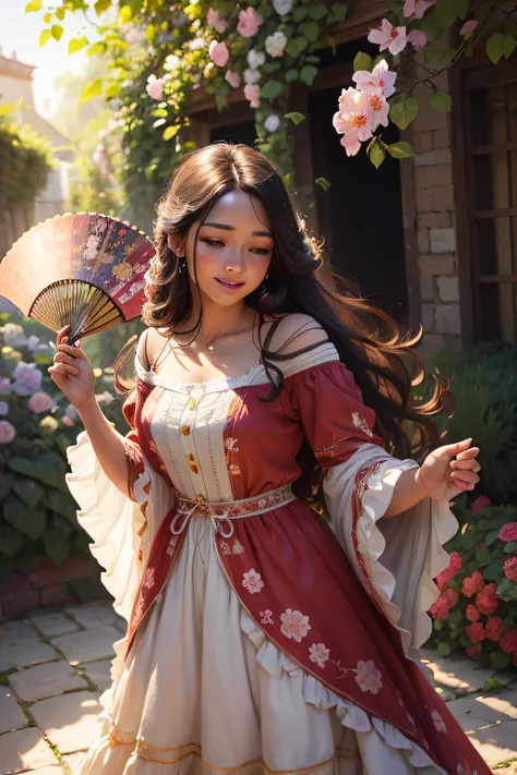 a girl with long, flowing hair, bright and lively eyes, a warm smile, and a vibrant personality, wearing a traditional Spanish dress. She is standing in a beautiful garden, surrounded by blooming flowers and lush greenery. The garden is filled with the sce...