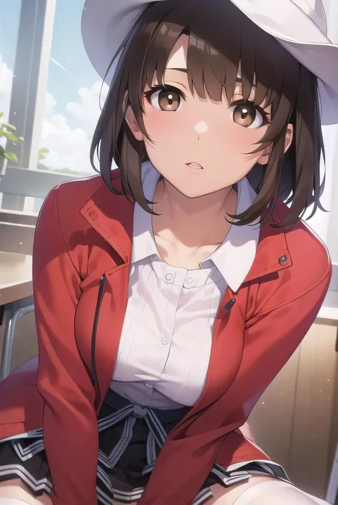 katoumegumi, megumi katou, brown hair, short hair, (brown eyes:1.7), 
BREAK hat, jacket, long sleeves, thighhighs, white headwear, white thighhighs, dress, white dress, (red jacket:1.5), (white hat:1.5), open cardigan, open clothes,
BREAK looking at viewer...