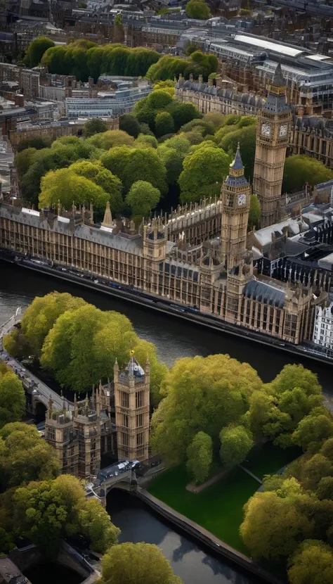 Aerial photograph of a house in the UK，Rows of sloping houses，Diagonal composition，Thames embankment,Big Ben, london, Rich in detail，photo realistic style:Photogram