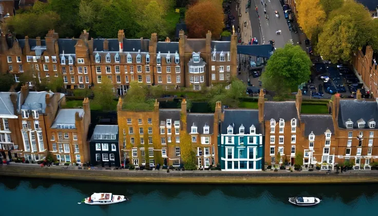 Aerial photograph of a house in the UK，Rows of sloping houses，Diagonal composition，Thames embankment,Big Ben, london, Rich in detail，photo realistic style:Photogram