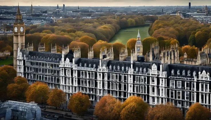 Aerial photograph of a house in the UK，Rows of sloping houses，Diagonal composition，Thames embankment,Big Ben, london, Rich in detail，photo realistic style:Photogram