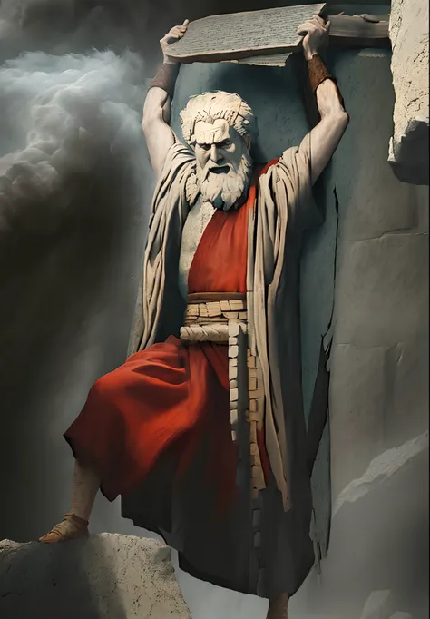 Moses furious breaking the stone tablets containing the 10 commandments.