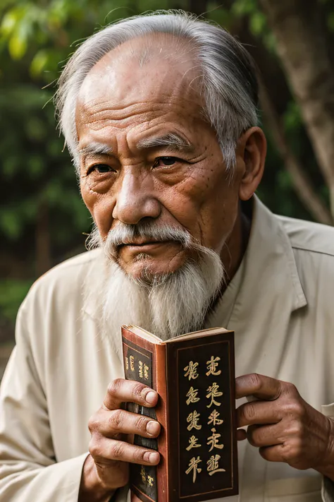 An old man with traditional Chinese thinking，Real frontal photos，Authentic background，The background is nature，Holding a book，worn-out clothing，Face full of wrinkles，80-year-old man，Wise eyes，The beard is white，male people，country style