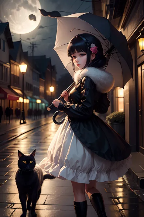 Nighty night, bright moon, Street Lantern Pharmacy Beautiful Girl In Fluffy Dress With Black Umbrella, Black cat