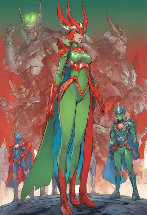 entire body image, standing, Princess Zelda Giant, (Red with silver clothing:1.5), as Ultraman, Overroom 1, Very tight tights, heavy makeup on her face, Light blue gemstone on cuirass, helmet on her head, red lipstick on his mouth, (Her green eyes:1.5, Blu...