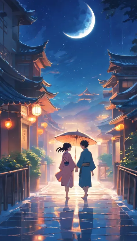 Moonlit alafis with bridge and couple, Photography inspired by Zhu Dejun, trending on pixabay, romanticism lain, Hand in hand in the moonlight, moonlight snowing, Illustration!, moonlight snowing, Boys girls traditional romance, Xianxia Fantasy, chinese fa...