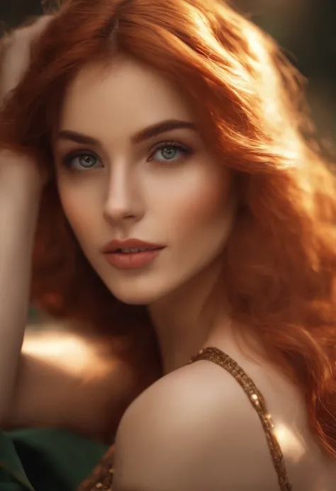 Best Quality, Masterpiece, (Realistic: 1.2), 1 girl, slim girl, red hair, brown eyes, front, detailed face, beautiful eyes, brown eyes, big eyes,big breasts, cleavage, long dress