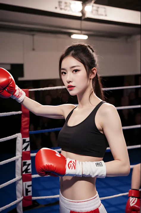 arafed woman in a boxing ring with a white glove, posing ready for a fight, in a boxing ring, she is ready to fight, posing for a fight, fighter pose, in a fighting pose, boxing, fight pose, boxing match, chengyou liu, wenfei ye, gorgeous young korean woma...