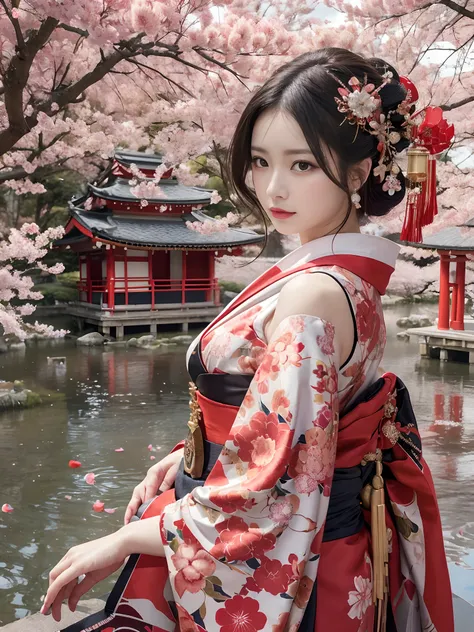 In a futuristic scene, Geisha in Japan with mechanical reinforcement、Elegant in elaborate gardens. She has beautifully detailed eyes and lips that complement her face. Geishas wear traditional kimonos with intricate patterns and designs. Around her are bri...