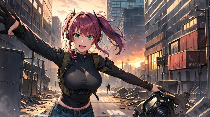 ​masterpiece, 1girl ((20year old, black tight tshirt, military tactical vest, tight khaki jeans, boots, medium breasts, multicolor pink hair, twin ponytails, perfect model body, green eyes, flirting, happy, big smile, headphones, running in a combat zone w...